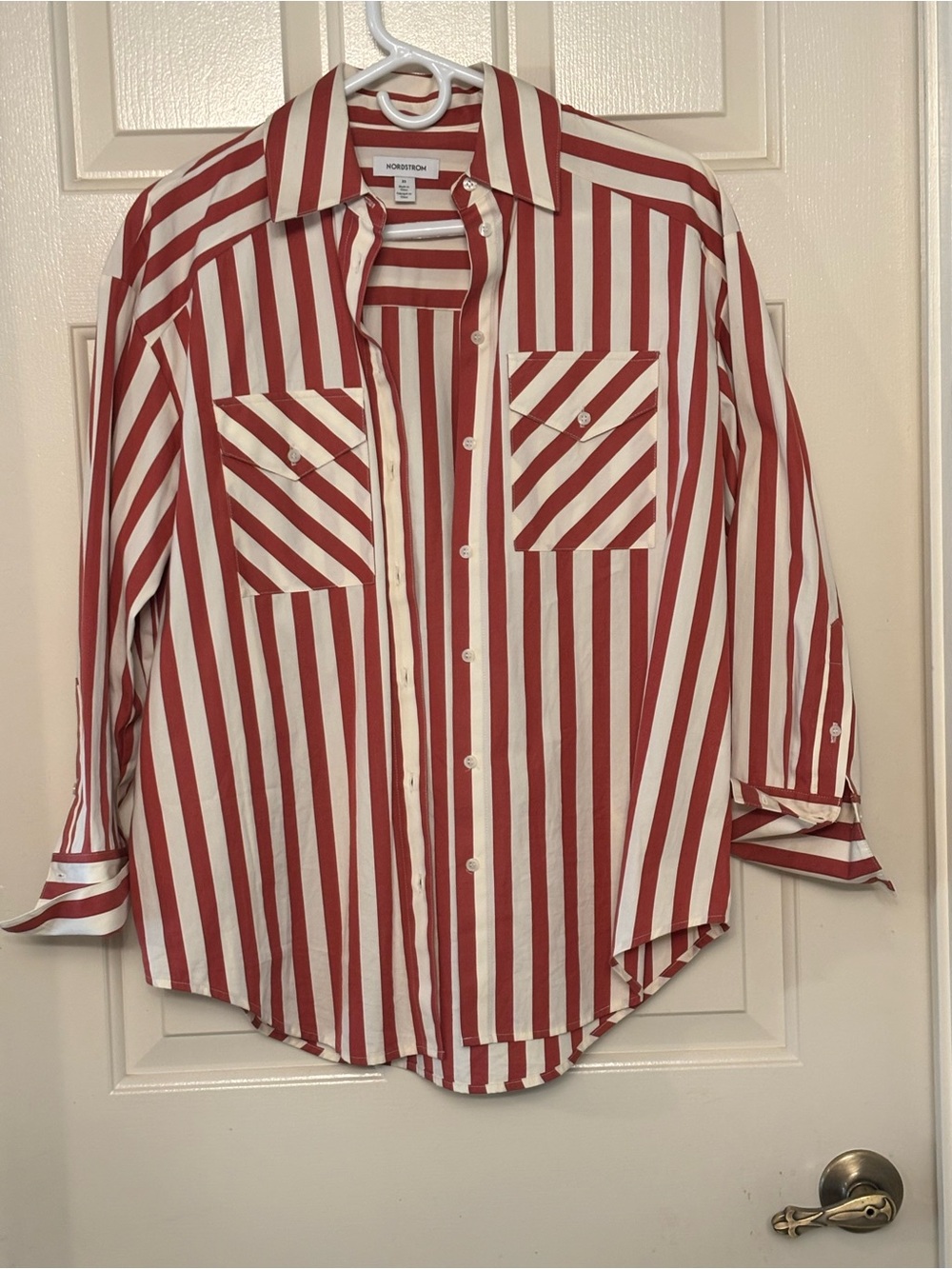 Nordstrom Red and White Vertical Striped Button-Down Shirt